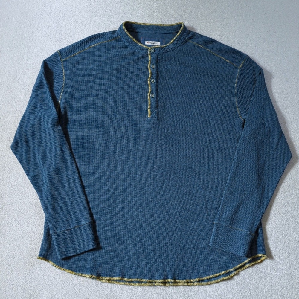 32 Bar Blues Henley Shirt Mens XL Blue Pique Cotton Knit Contrast Stitching - Picture 2 of 7
